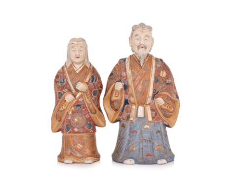 A LARGE PAIR OF KUTANI WARE TAKASAGO FIGURES
Late Meiji period, figure of Shite Ou (old man), and Tsure Ouna (old woman), wit