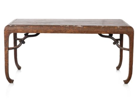 A LARGE LACQUERED ELM PAINTING TABLE
Late Ming/Qing Dynasty, 17th/18th Century, the rectangular planked top, raised on four s