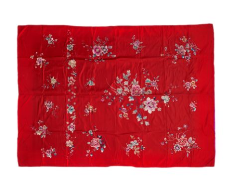 A LARGE EMBROIDERED RED SILK TABLE OR BED COVER Rectangular satin weave silk ground decorated in embroidered plum blossom and