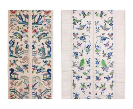 TWO PAIRS OF EMBROIDERED SILK SLEEVE PANELS
One pair worked in running stitch with a female figure in a garden setting, with 