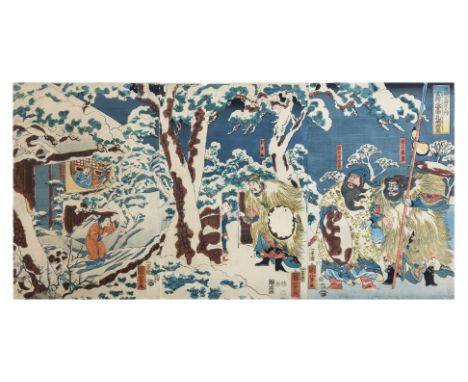 UTAGAWA KUNIYOSHI (1797-1861) - XUANDE (LIU BEI) VISITS KONMING (ZHUGE LIANG) IN THE SNOW Woodblock print on paper, 'Gentoku 