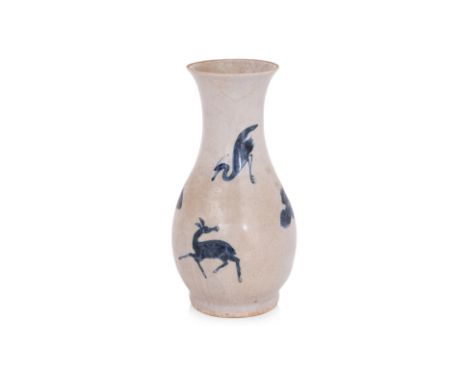 A BLUE AND WHITE DEER AND CRANE VASE
Late Ming dynasty, baluster form vase with tapering neck and wide mouth, decorated in cr