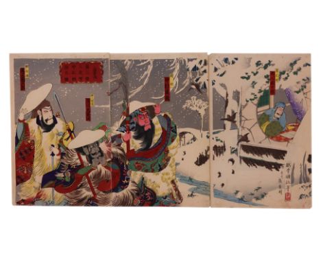 UTAGAWA KUNIMASA V (1874-1944) - GENTOKU VISITING KOMEI IN THE SNOW
Woodblock print on paper, 'Shoko sanketsu sando secchu Ko