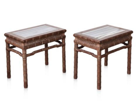 A PAIR OF MARBLE INSET BAMBOO CARVED STOOLS
Rectangular form with marble top, blackwood frame carved in the form of bamboo st