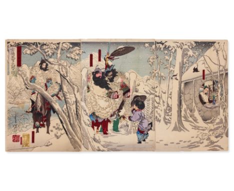 TSUKIOKA YOSHITOSHI (1839-1892) - GENTOKU VISITING KOMEI IN THE SNOW Woodblock print on paper, 'Gentoku fusetsu ni komei o ta