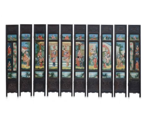 A HARDWOOD AND REVERSE GLASS PAINTED TEN FOLD SCREEN
Circa early 20th century, the ten panels depicting a court scene with mu