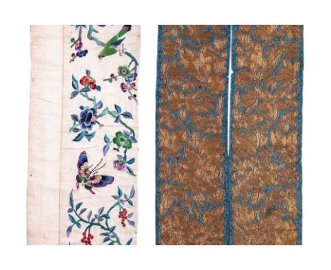 A GROUP OF EMBROIDERED SILK SLEEVE PANELS
Comprising: a pair of gold metal wrapped thread panels, with butterflies and dense 