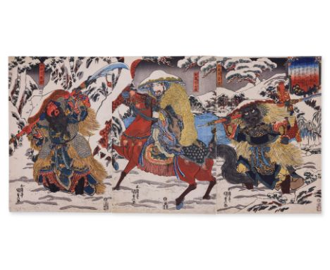 UTAGAWA KUNISADA (TOYOKUNI III) (1786-1865) - ZHANG FEI, LIU BEI, AND GUANYU Woodblock print on paper, signed Gototei Kunisad