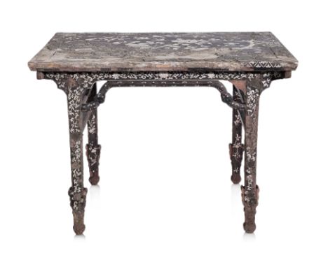 A MOTHER OF PEARL INLAID LACQUER SCHOLAR'S TABLE Ming dynasty, 17th century, rectangular top decorated in naturalistic scene 