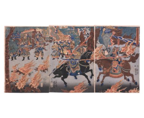 UTAGAWA KUNIYOSHI (1797-1861) - BATTLE SCENE BETWEEN MA CHAO AND ZHANG FEI AT JIA MENG GATE Woodblock print on paper, 'Sangok