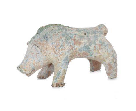 A GREEN-GLAZED MODEL OF A BOAR
Han dynasty, green lead glazed earthenware, modelled standing with head hunched downward
15cm 