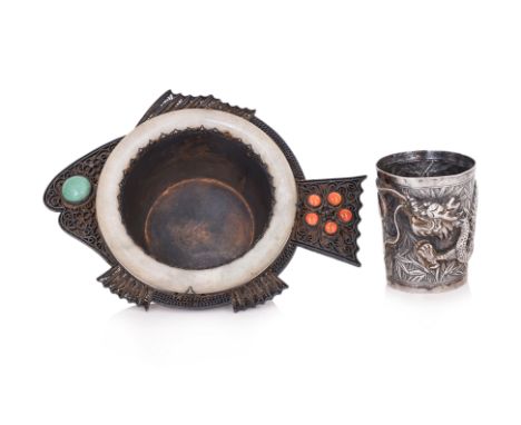 A SILVER AND JADE DISH, AND A SILVER CUP
A Chinese filigree fish form dish with gold wash, inset jadeite bangle, turquoise an