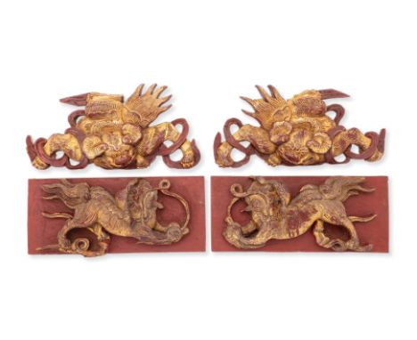 TWO PAIRS OF MYTHICAL BEAST GILTWOOD CARVINGS
One pair on integral rectangular panels
The larger 25.5cm wide
Condition Inform