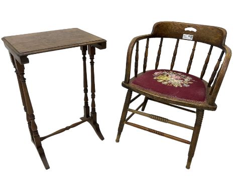 Early 20th century American oak smokers bow tub armchair, shaped cresting rail with pierced handle over ring turned spindle b