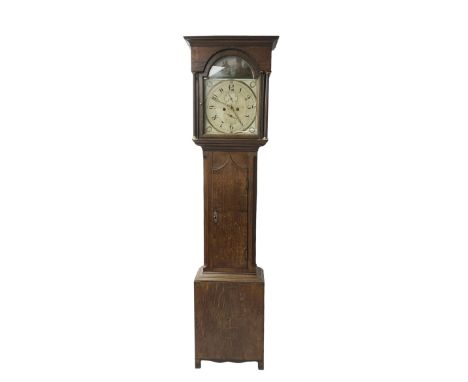 Thomas Fletcher of Gateshead (Tyne-and-Wear) Eight-day oak longcase clock c 1820, with a flat top and turned pilaster flankin