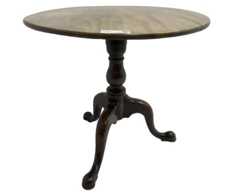 19th century mahogany pedestal table, circular top on turned column terminating in tripod base with cabriole supportsDimensio