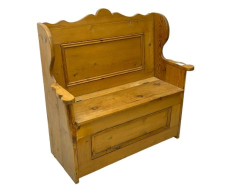 Waxed pine box-seat settle or hall bench, panelled back over hinged seat, shaped end supportsDimensions: Height:&nbsp;103cm&n