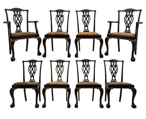 Set of eight (6+2) early 20th century Chippendale design mahogany dining chairs, shaped cresting rail over pierced interlocki