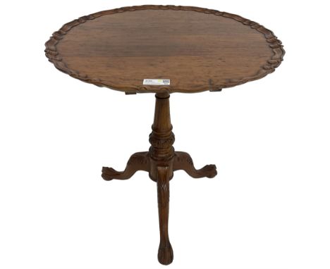 Georgian design hardwood tripod table, moulded pie-crust tilt-top, turned and fluted column carved with foliage, on three aca