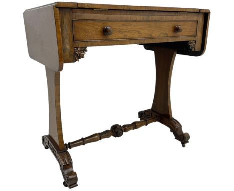 Regency rosewood writing table, rectangular drop-leaf top with rounded corners, hinged easel centre with inset leather writin