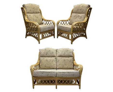 Three-piece conservatory suite - two-seat sofa (W128cm, H105cm, D90cm); pair of matching armchairs (W74cm) 