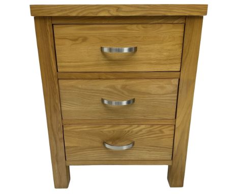 Light ash three drawer bedside chestDimensions: Height:&nbsp;62cm&nbsp; Length/Width:&nbsp;48cm&nbsp; Depth/Diameter:&nbsp;39