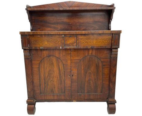 Early 19th century rosewood chiffonier, raised sloped arch back with shelf, rectangular top over secretaire frieze drawer, th