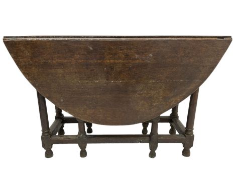 18th century oak dining table, oval drop-leaf top, on turned supports united by moulded stretchers, gate-leg action baseDimen