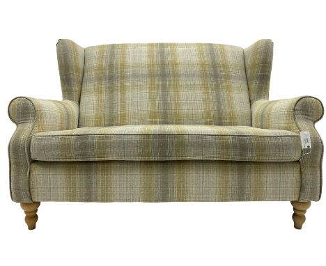 Next Home - two-seat hardwood framed wingback sofa, upholstered in pale green checkered fabric, on turned front feetDimension