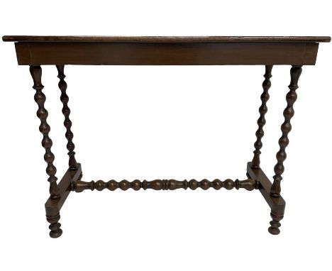 Victorian walnut stretcher table, rectangular top, bobbin-tuned supports on platforms united by stretcher, on turned feetDime