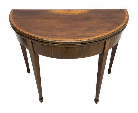 George III inlaid mahogany card table, demi-lune fold-over top with satinwood band and large fan motif, baize lined interior,