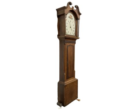 19th century - Oak cased 30-hr longcase clock, with a swan's neck pediment and unsigned painted break-arch dial beneath, hood