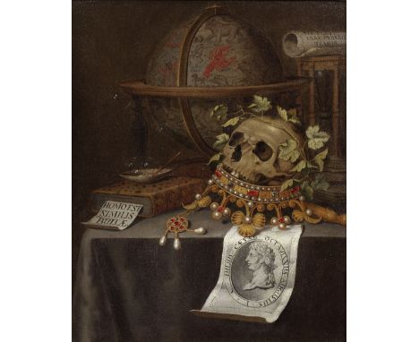 Edward Collier (Breda circa 1640-1708 London)A vanitas still life with a skull atop a jewelled crown, an astrological globe, 