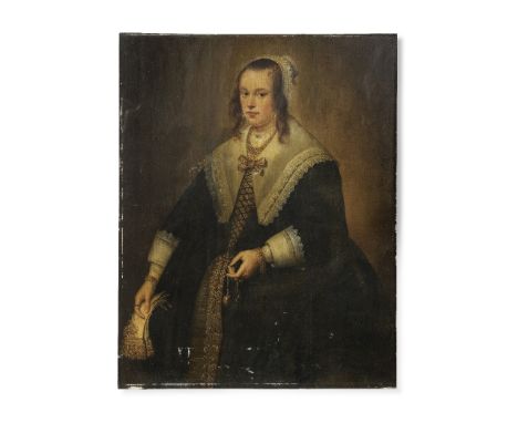 Jan Albertsz. Rootius (Medemblik 1615-1674 Hoorn)Portrait of a lady, standing three-quarter-length, in black costume, holding