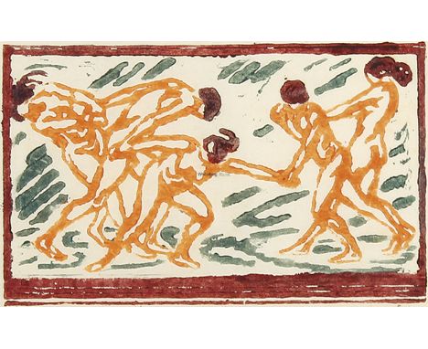 LUDWIG VON HOFMANN Darmstadt 1861 - 1945 Pillnitz: Tanzgruppe (2). 2 Bll. Holzschnitte in Schwarz bzw. in Dunkelrot, Dunkelvi