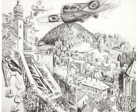 KARL HUBBUCH 1891 - Karlsruhe - 1979: Das neue Schloß in Baden-Baden, darüber angreifende Flugzeuge. Variante zu der um 1935/