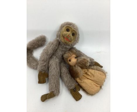 Norah wellings vintage mask inset glass eye velvet pressed Faced toy monkey 11: together with a smaller glass eyed puppet mon