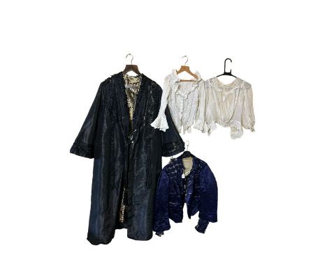 Antique clothing to include an Edwardian coat or wrapper in black silk with a gold lame lining, an Edwardian bodice in purple