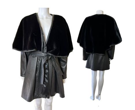 A vintage Blanes of London leather swing jacket with tie belt and huge shawl collar that can be worn as a hood, flexible size
