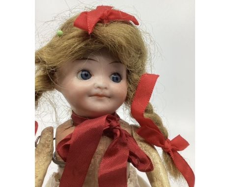 Antique German 8” Bisque head cabinet doll Googly eye by Johann Walther &amp; Sohn (Oberender)-Fixed eyes with closed downwar