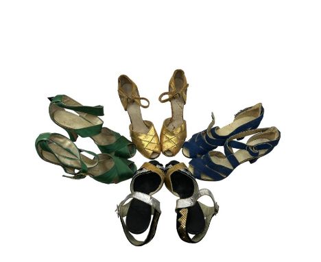 Vintage 1930s and 1940s evening shoes to include a green silk satin pair with wide wrap around ankle straps and large buckle,