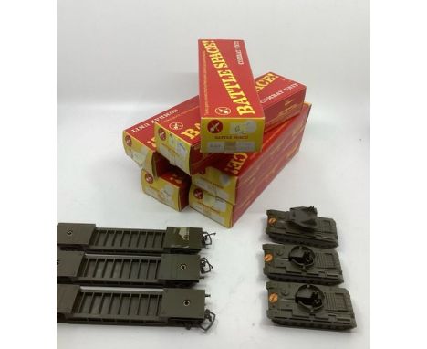 Triang Rovex vintage toys; to include Battle space Combat R568 old sets which include a Bogie well wagon and also a tank and 