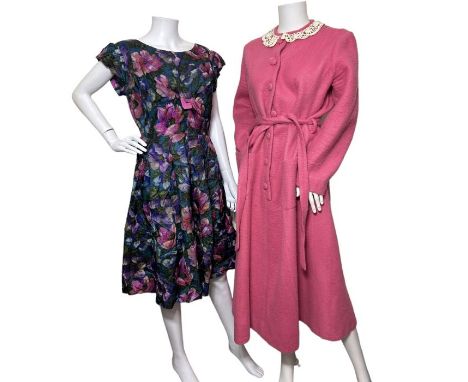 two vintage 1950s day dresses, the first in a floral print in shades of teal and purple and another cotton shirtwaist style w