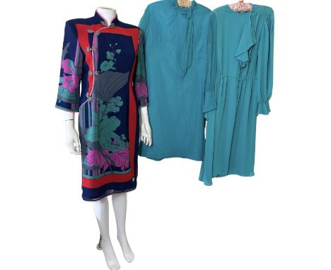 vintage fashions to include a crepe georgette cheongsam style dress in a gold colourway with orchid print,Eryu, a turquoise g