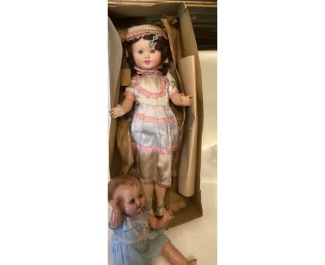 Large 28” Dressed box doll 1940s and a further composition wartime baby doll-The doll in box appears stored &nbsp;unplayed wi