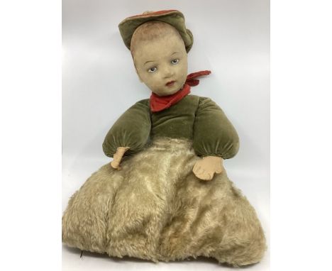Cloth antique Vintage doll- likely Chad valley Cowboy pyjama case with painted cloth face , felt hands and a plush zippered b