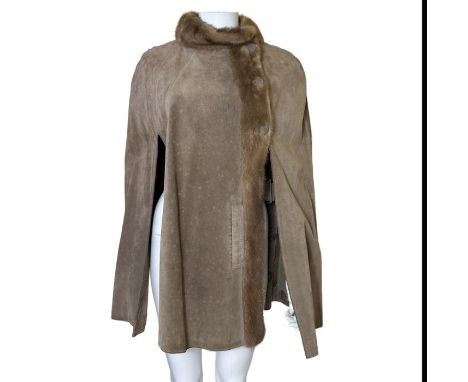 1970s riding cape in a warm mushroom suede with mink trim and internal belt by Canadian Furs of Coventry (s-m) (1)some rain s