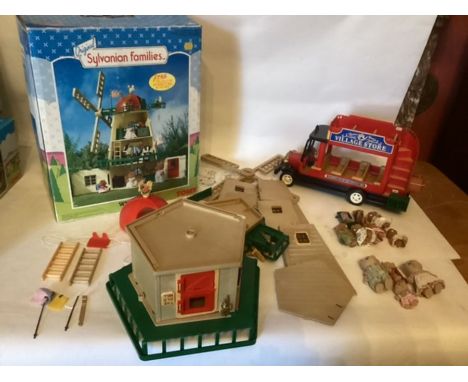 Sylvanian Families TOMY vintage toy sets; Large windmill set- and stores red bus appears complete to construct with leaflet a