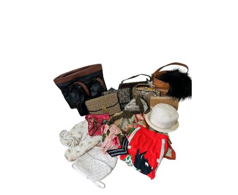 Vintage accessories 1920s-1990s to include a white cloche hat, a black father boa, vintage scarves in rayon and silk, vintage