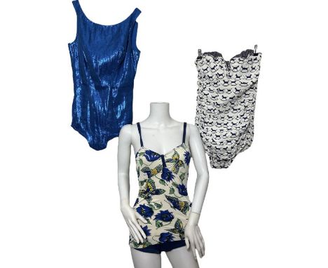 3 vintage swimming costumes to include a 40s/50s Catalina swimsuit with novelty rocking horse print, a 1950s blue lame Rose M